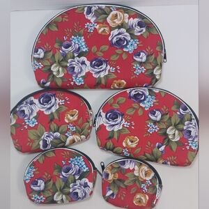 Vibrant Red Floral Set Of 5 Matching Makeup/Coin Purse Nesting Zipper Bags